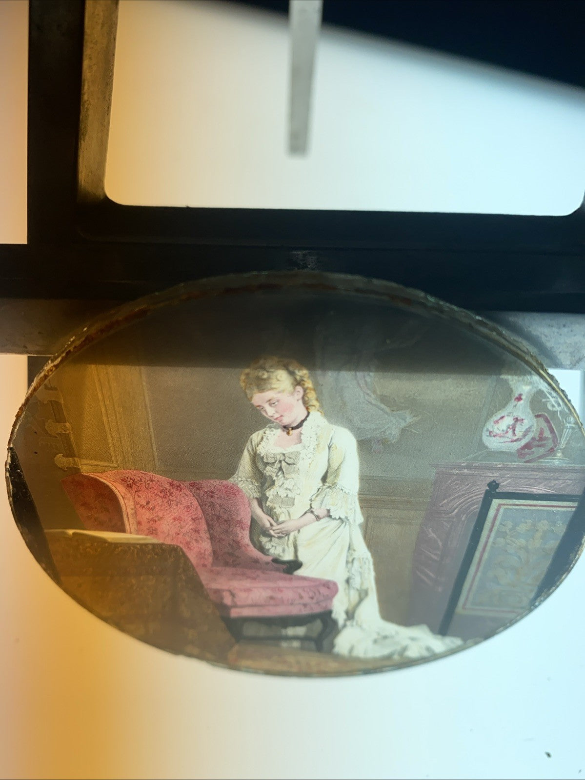 Magic Lantern Victorian Glass Round Handpainted Slide Lady in parlour (1146)