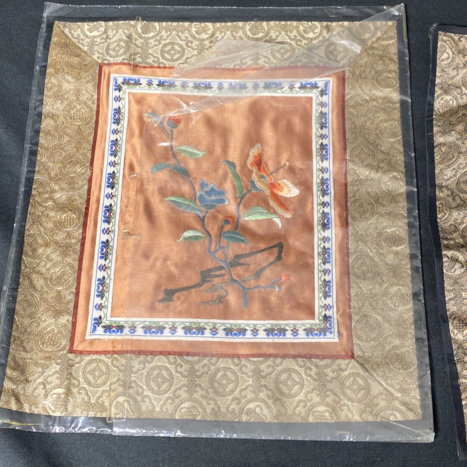 Vintage Chinese Satin Embroidered Panel 30cm x 26cm x 2 - (8953)