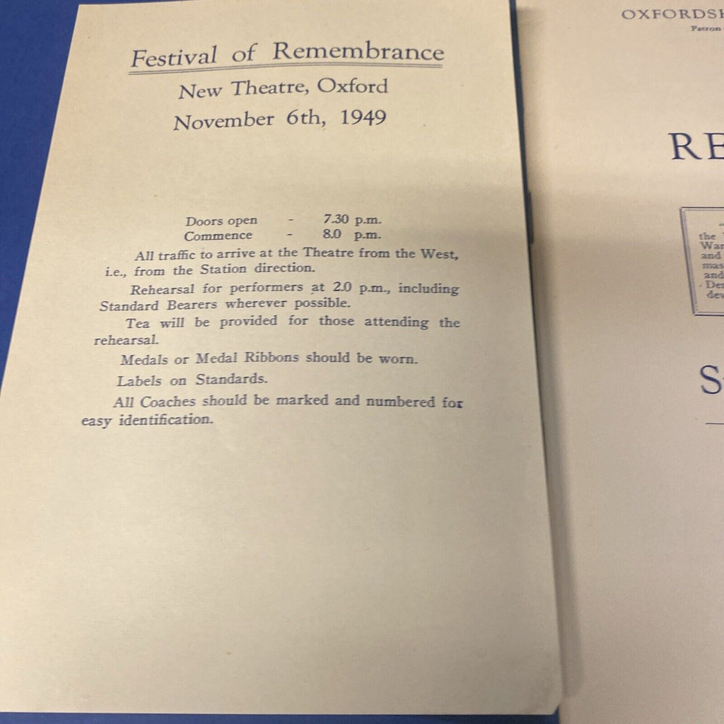 Oxfordshire County British Legion Festival of Remembrance 1949 Booklet (8910)