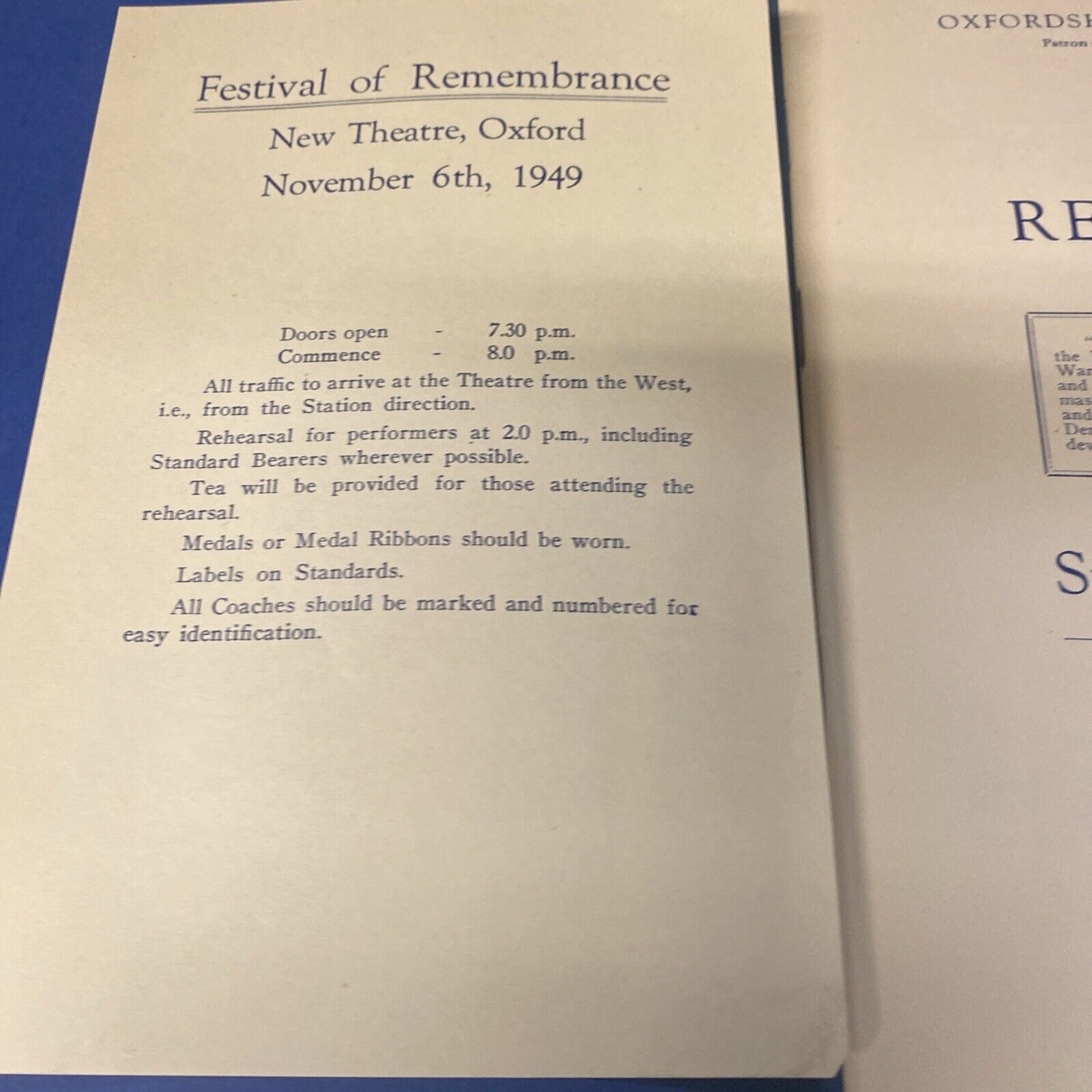 Oxfordshire County British Legion Festival of Remembrance 1949 Booklet (8910)