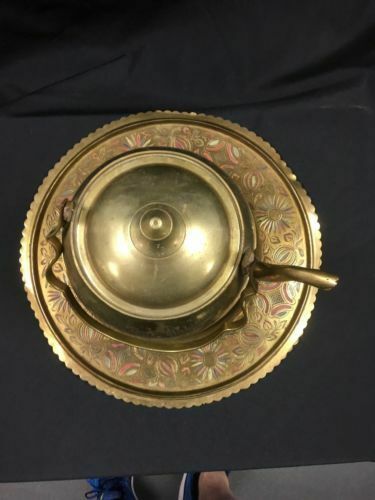 Antique brass tray hand coloured design and brass kettle + Trivet - (2790)