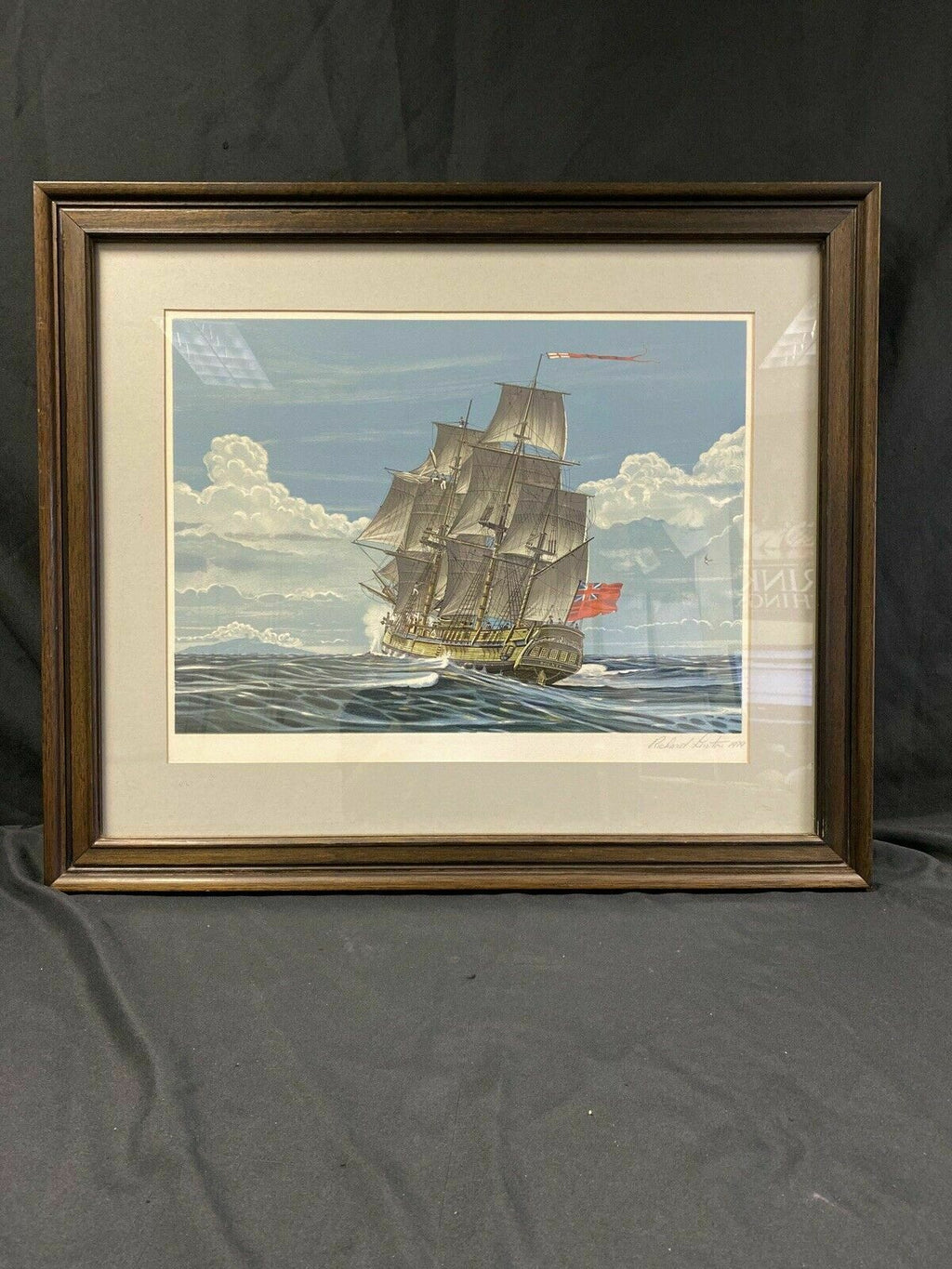 Richard Linton Australian Original Signed Framed Lithograph Ship Tahiti (7366)