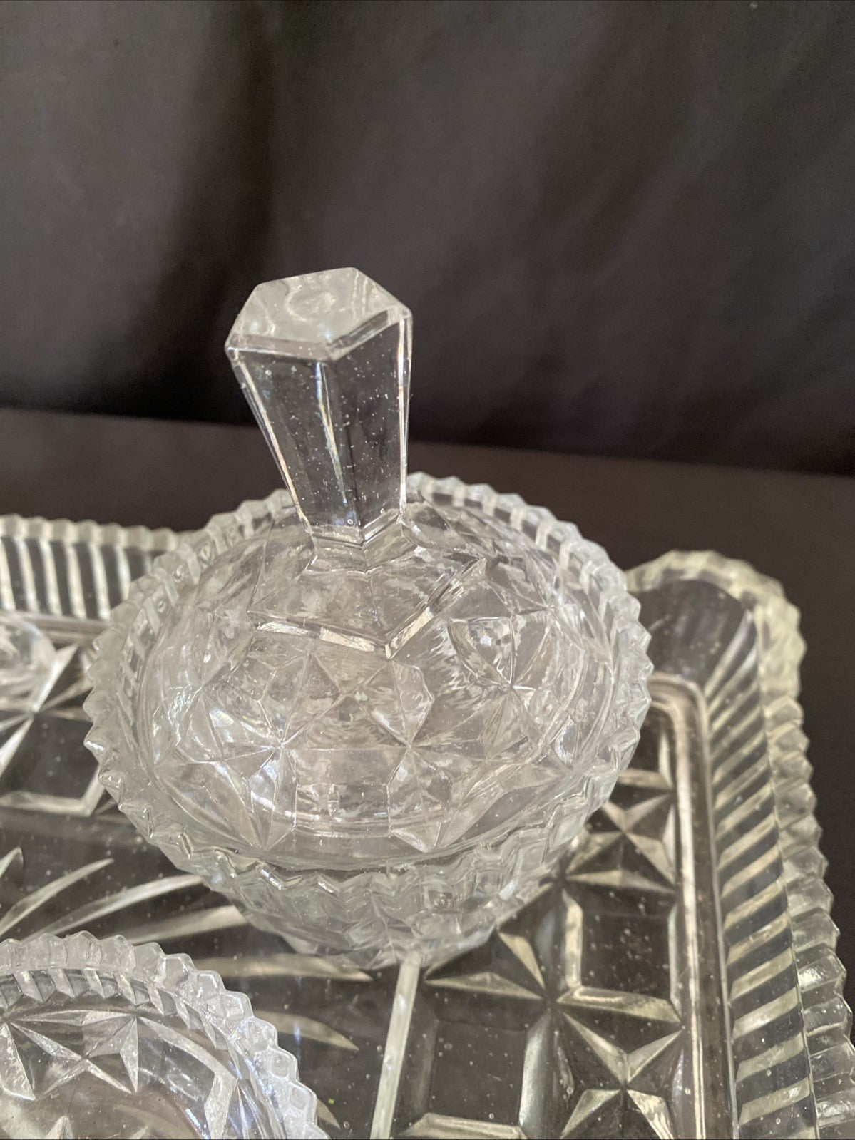 Vintage Pressed Glass Dressing Table Set Clear Tray, Ring Holder, 3 Pots (5457)