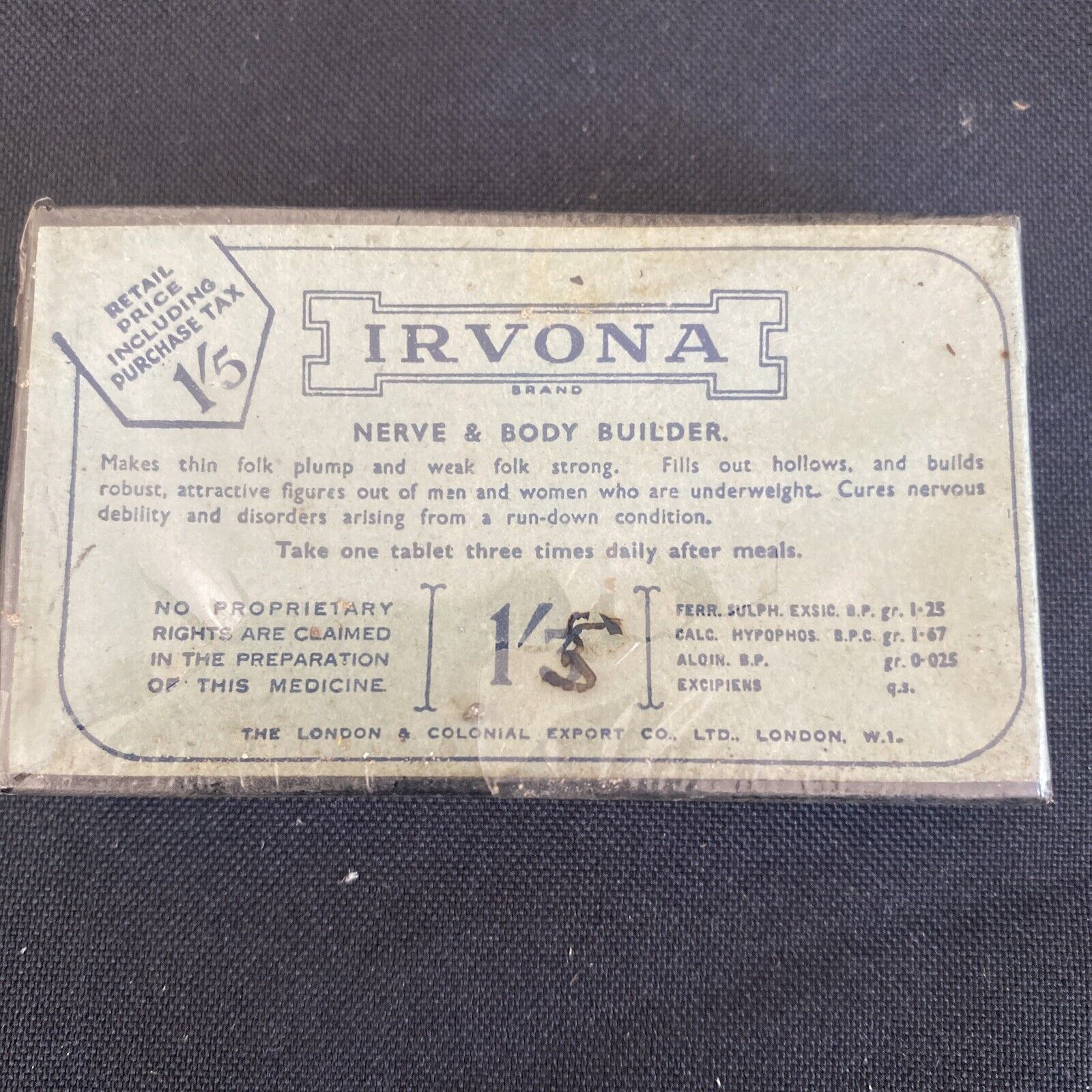 Antique Pharmacy Apothecary Unopened Irvona Nerve & Body Builder London - (9637)