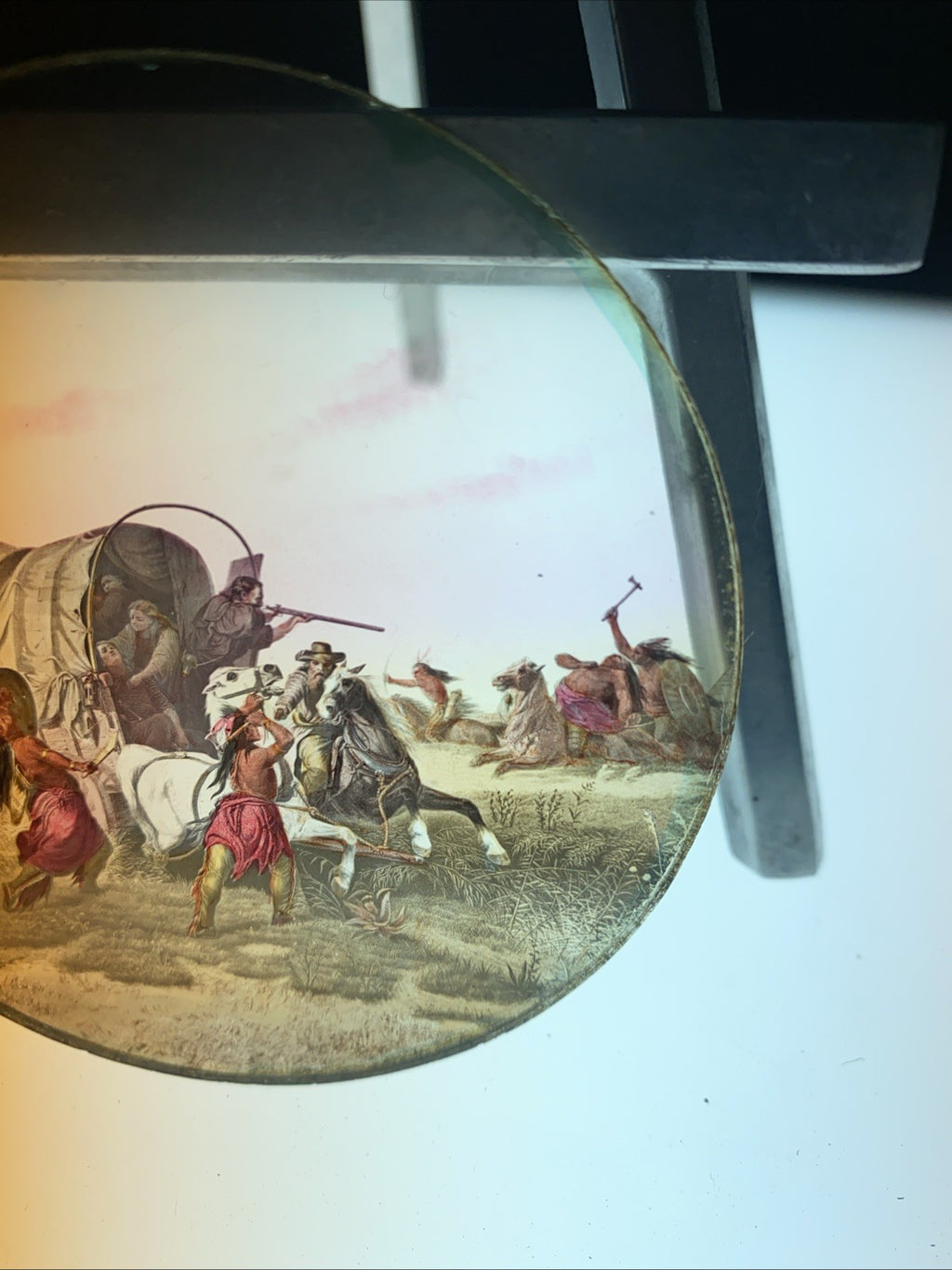 Magic Lantern Victorian Glass Round Handpainted Slide Cowboys and Indians (1092)