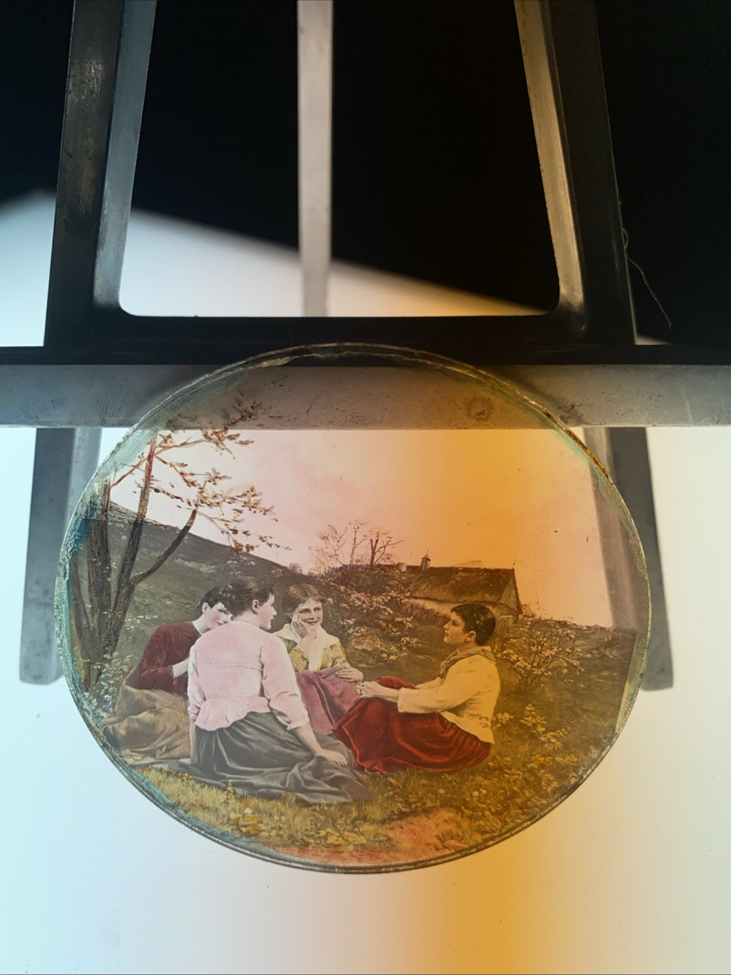 Magic Lantern Victorian Glass Round Handpainted Slide Girls chatting (1059)
