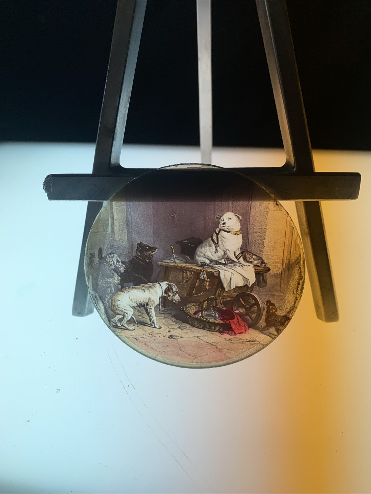 Magic Lantern Victorian Glass Round Handpainted Slide Meeting of Dogs (1143)