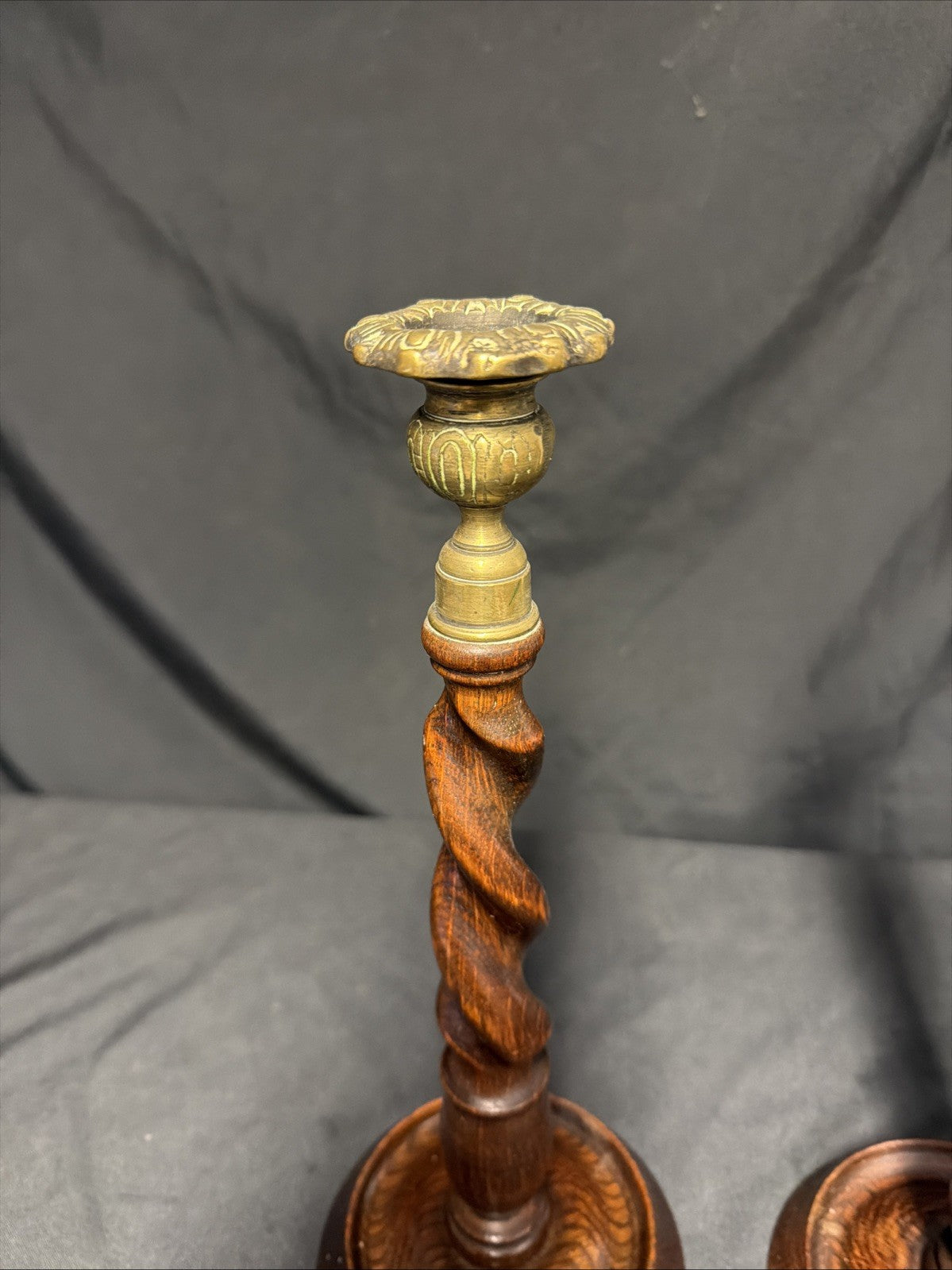 Antique Pair English Oak Candlesticks with brass tops 33cm tall - (1879)