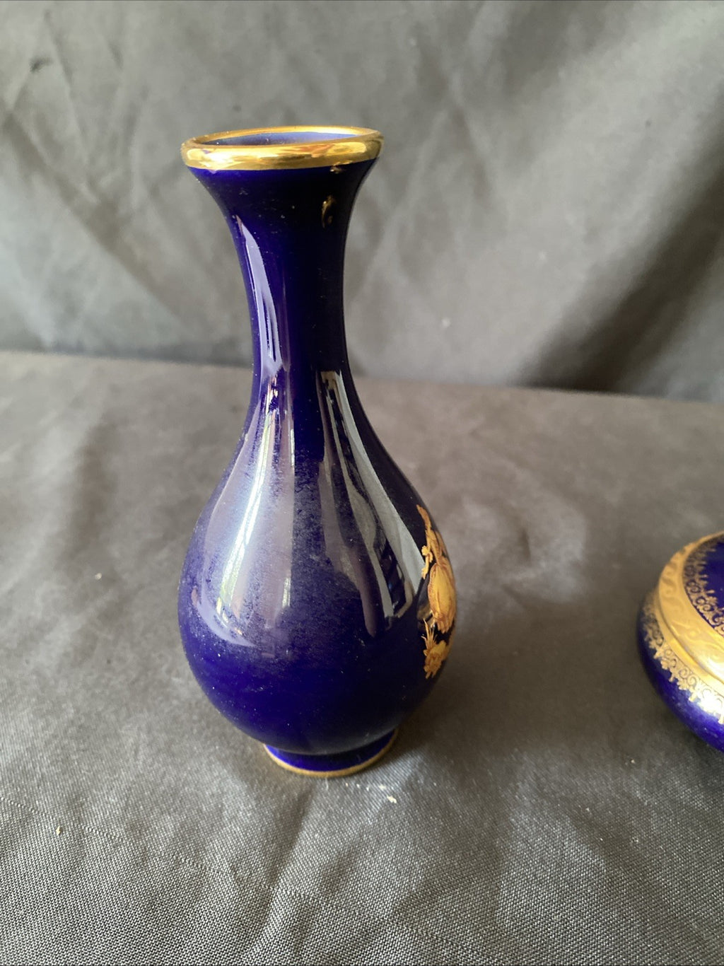 Limoges Castel France 22k Gold Bud Vase & Trinket pot cobalt blue gold (5455)