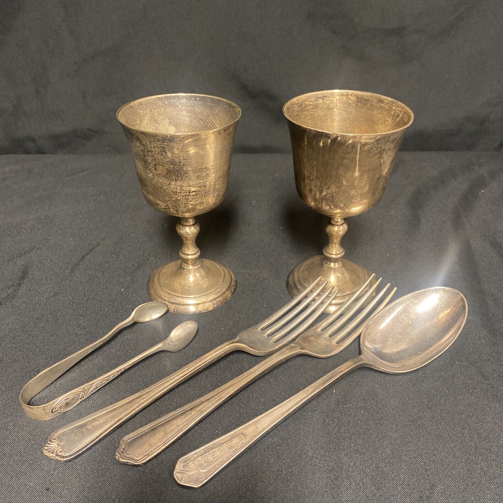 Art Deco 1920's EPNS Job lot 2 goblets, 2 forks, spoon, sugar tongs - (9086)