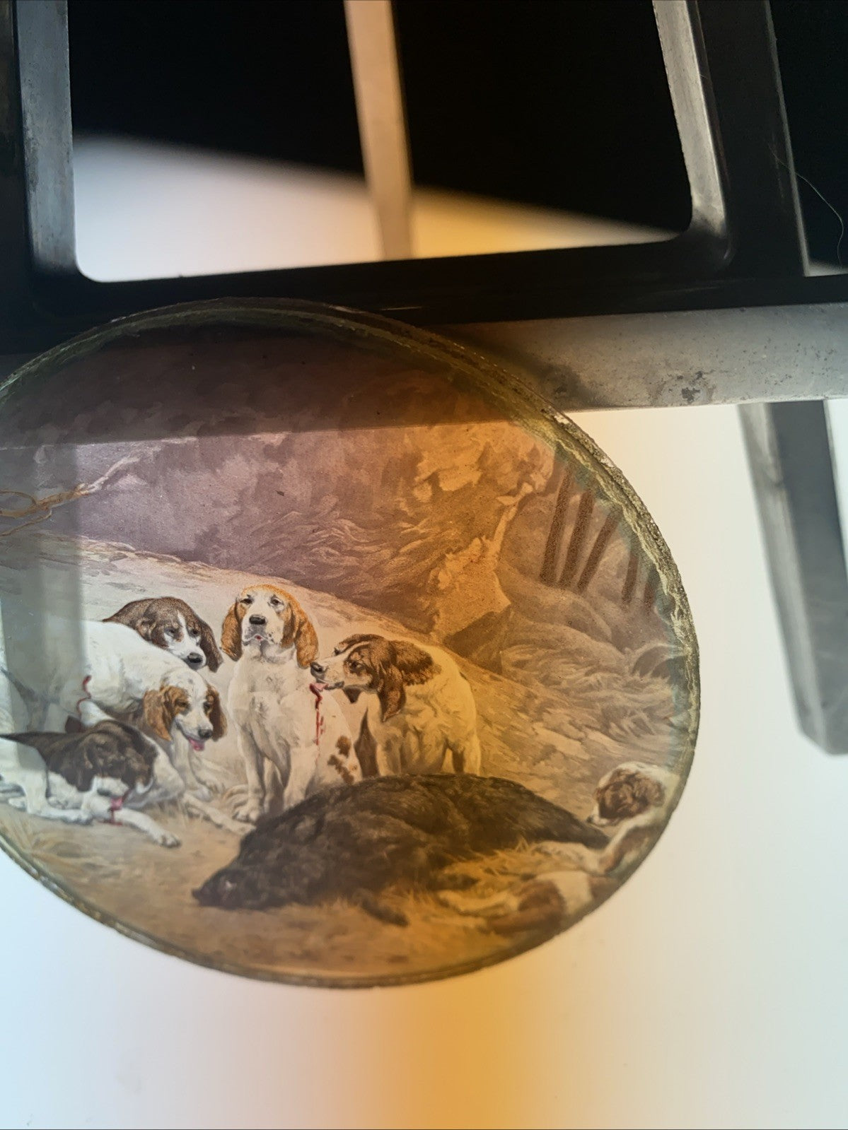 Magic Lantern Victorian Glass Round Handpainted Slide The Boar Hunt (1160)