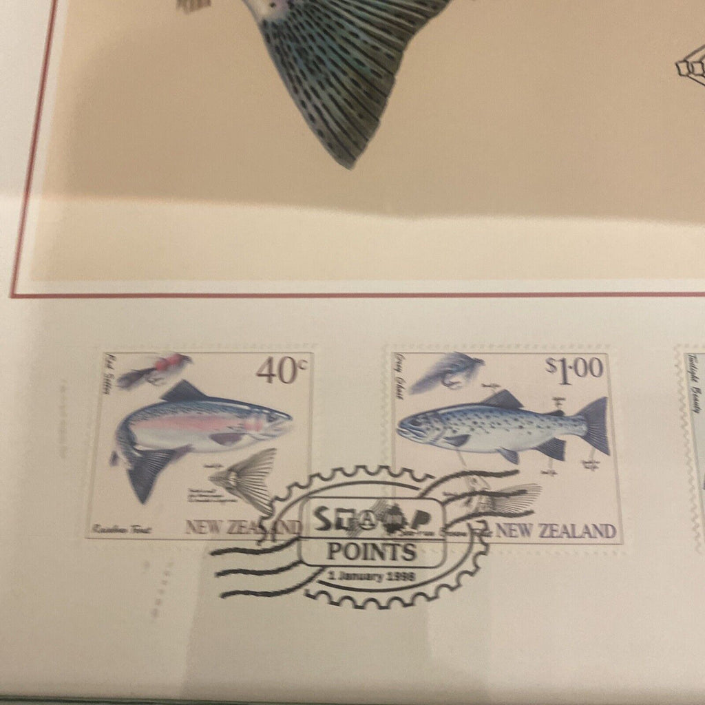 Framed and glazed New Zealand Fly Fishing Genuine Stamps 1st Jan 1988 -(9114)