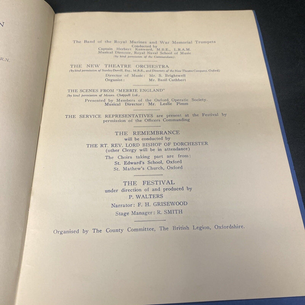 Oxfordshire County British Legion Festival of Remembrance 1949 Booklet (8910)