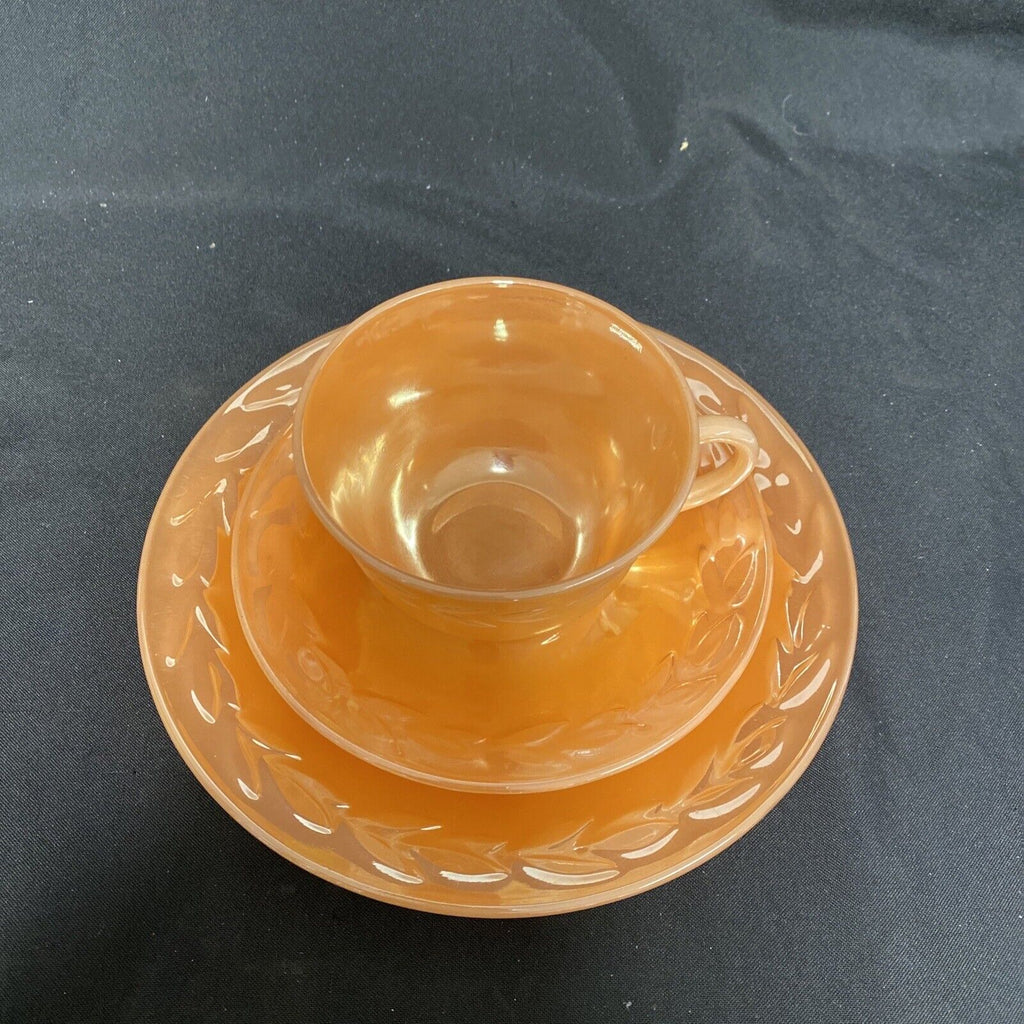 Vintage FIRE KING Oven Ware PEACH LUSTRE c1950 Glass USA Laurel Trio Plate Cup Saucer