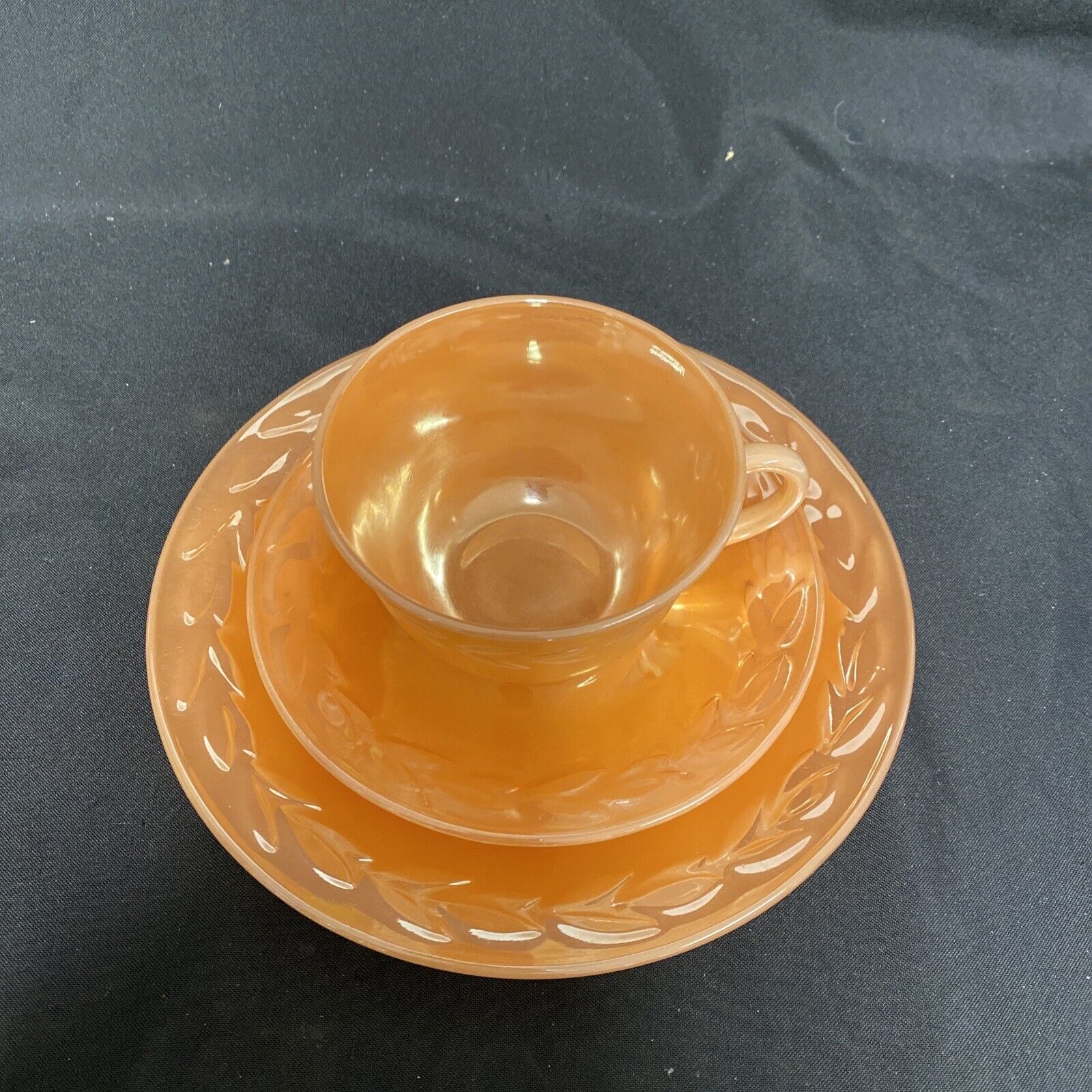 Vintage FIRE KING Oven Ware PEACH LUSTRE c1950 Glass USA Laurel Trio Plate Cup Saucer