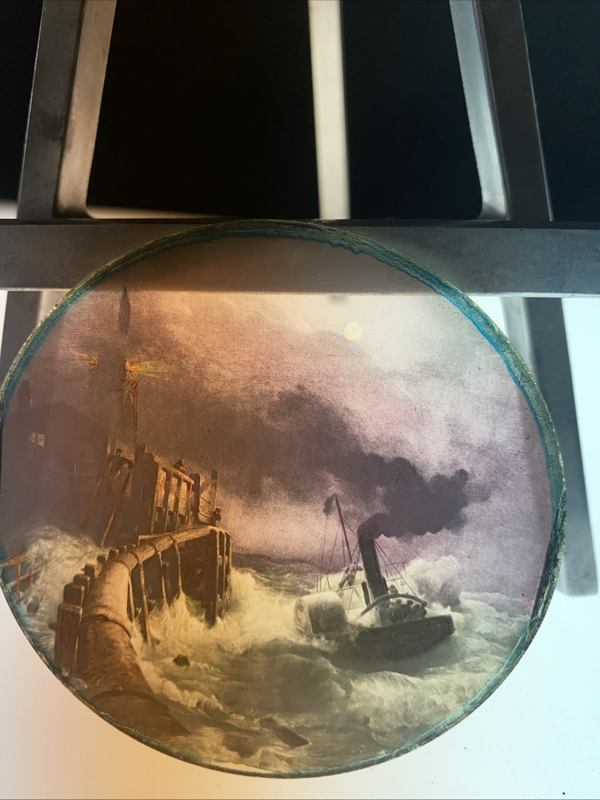 Magic Lantern Victorian Glass Round Handpainted Slide Ship in rough Sea - (1081)