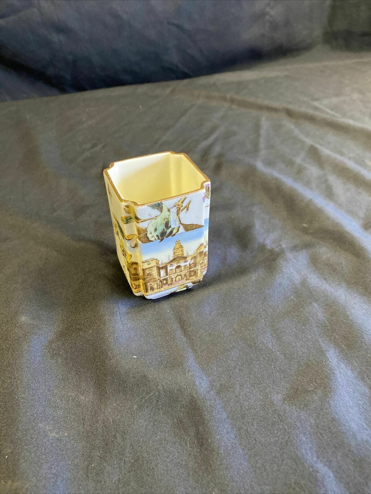 Antique Square Pot with The Horseguards & Albert memorial painted & Gilt (7717)