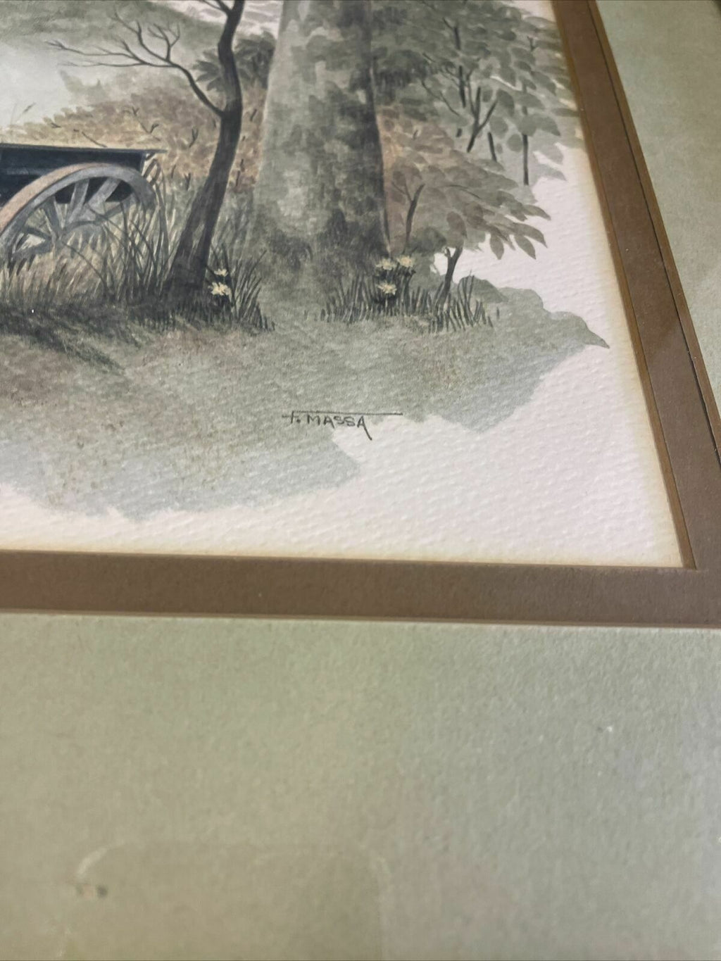 Vintage double matted watercolour print large by F Massa Hay Cart - (8142)