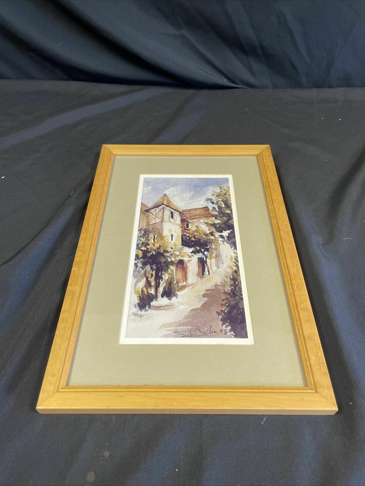 Vintage signed watercolour 1993 framed and matted European - (8150)