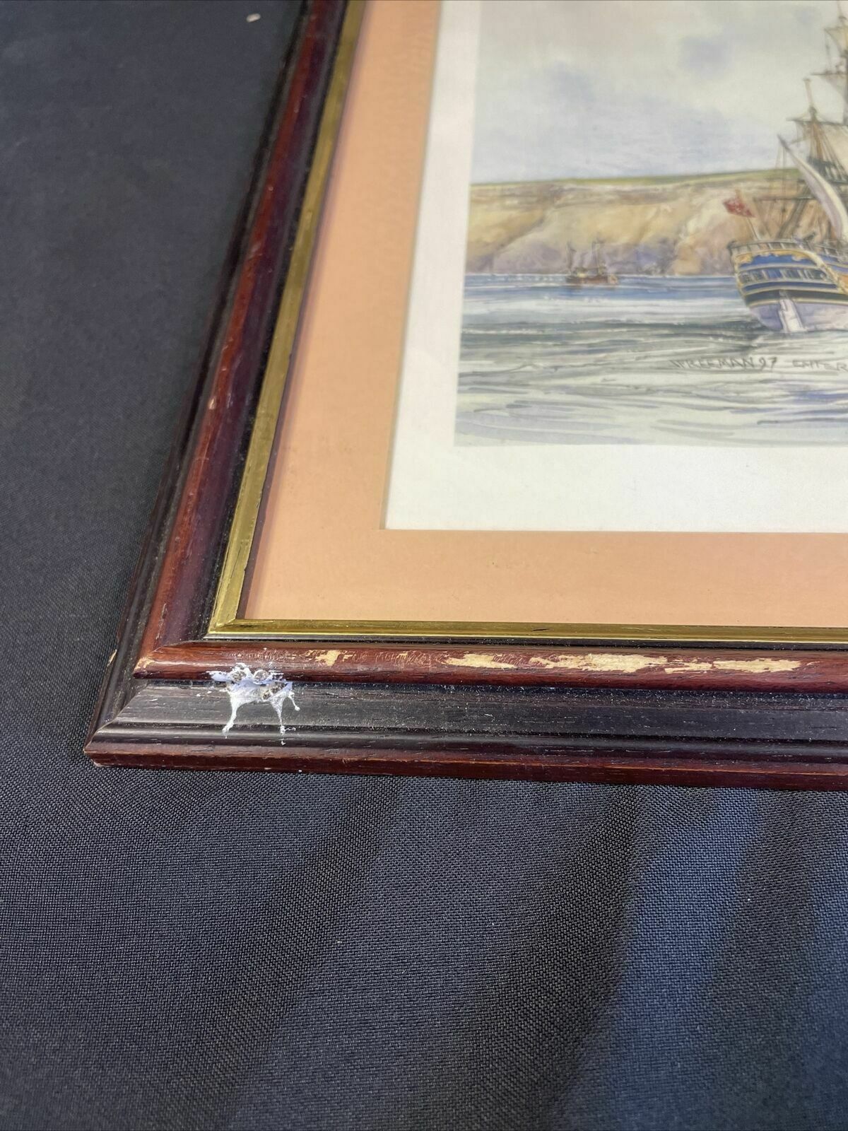 Vintage framed print of H.M Endeavour approaching Whitby 1997 May - (8144)