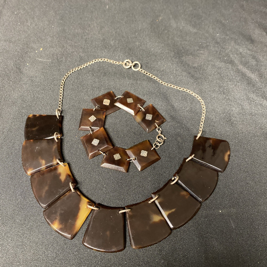 Art Deco 1920's Genuine Tortoiseshell & Silver Necklace and Bracelet - (1672)