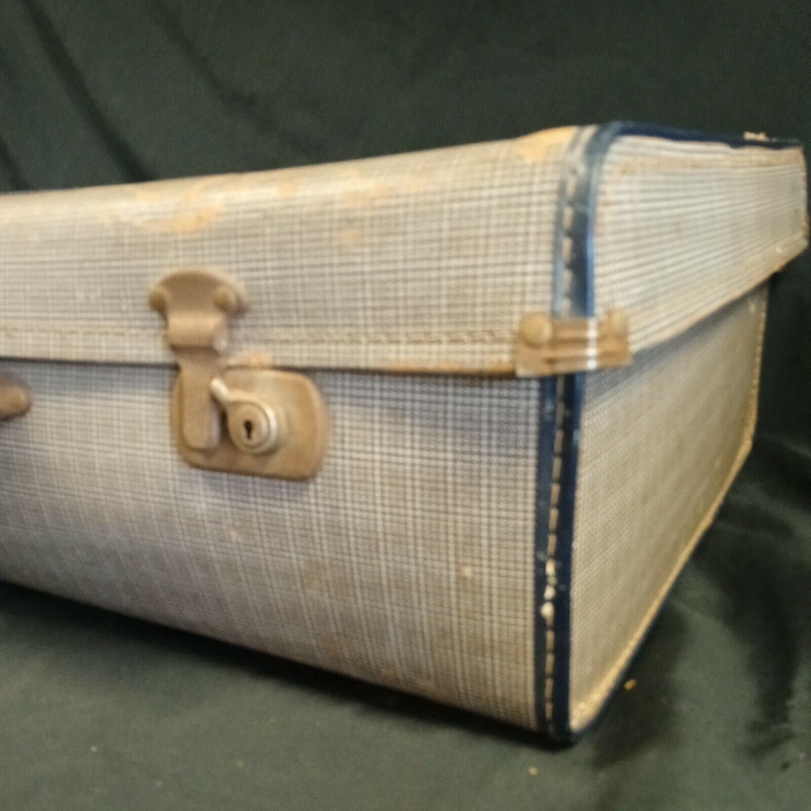 Vintage Suitcase blue check Large great storage or prop - (8091)