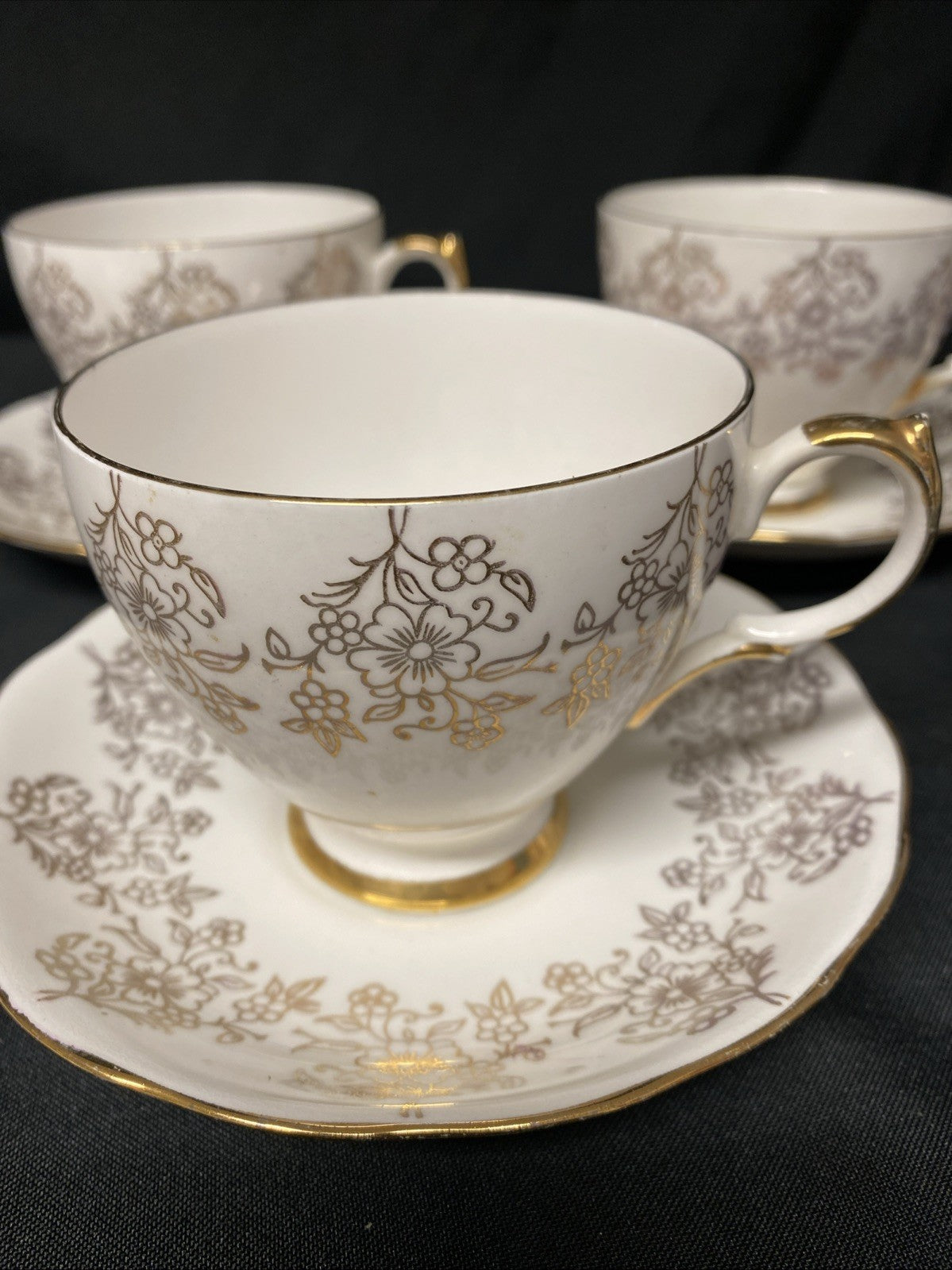 Vintage Gainsbourgh China Three Cups and Saucers Gilt Floral - (1593)