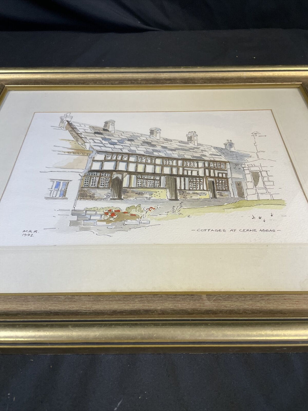 Vintage print by M.K.R 1992 watercolour of Cottages at Cerine Abbas - (8143)