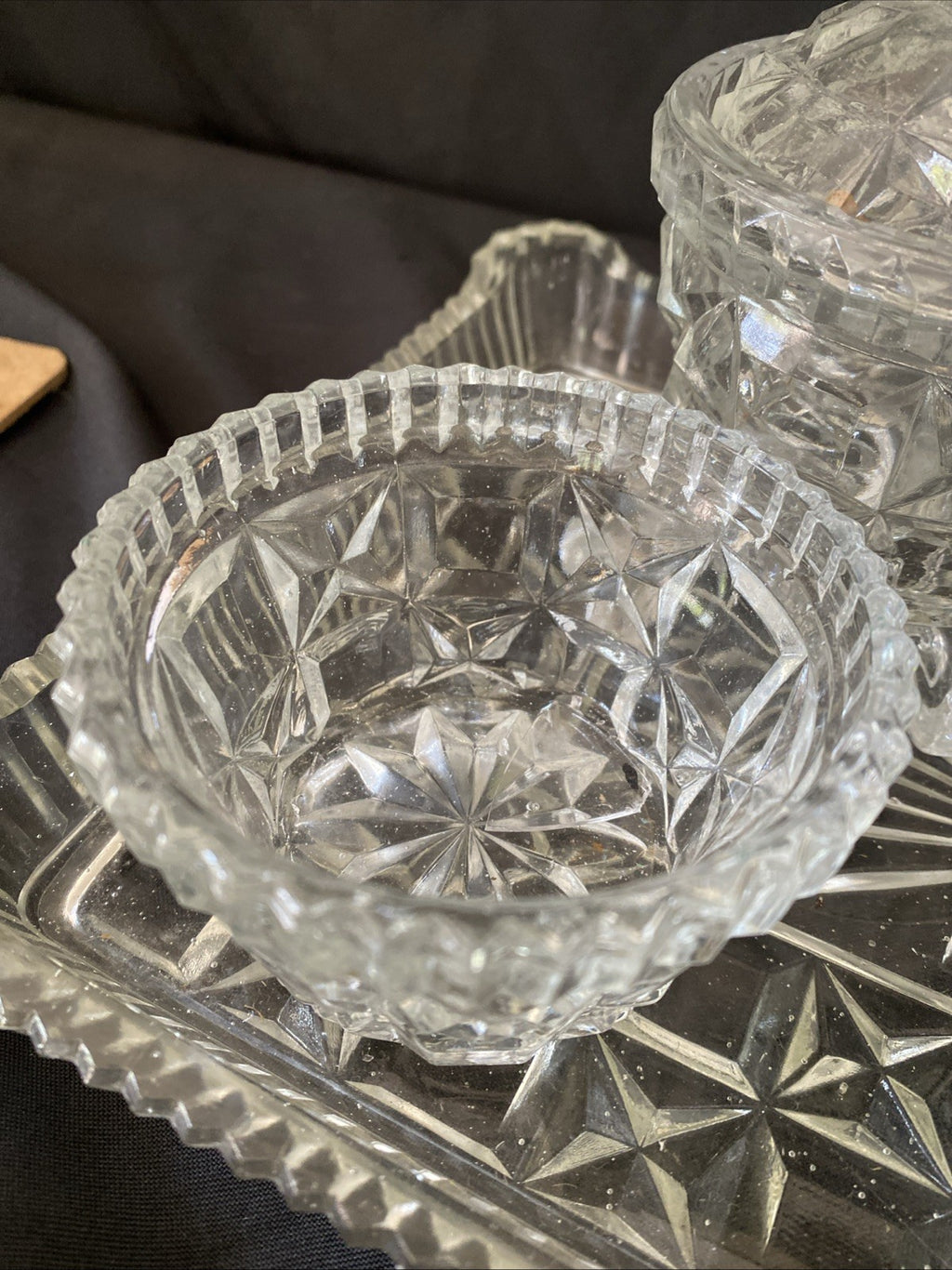 Vintage Pressed Glass Dressing Table Set Clear Tray, Ring Holder, 3 Pots (5457)