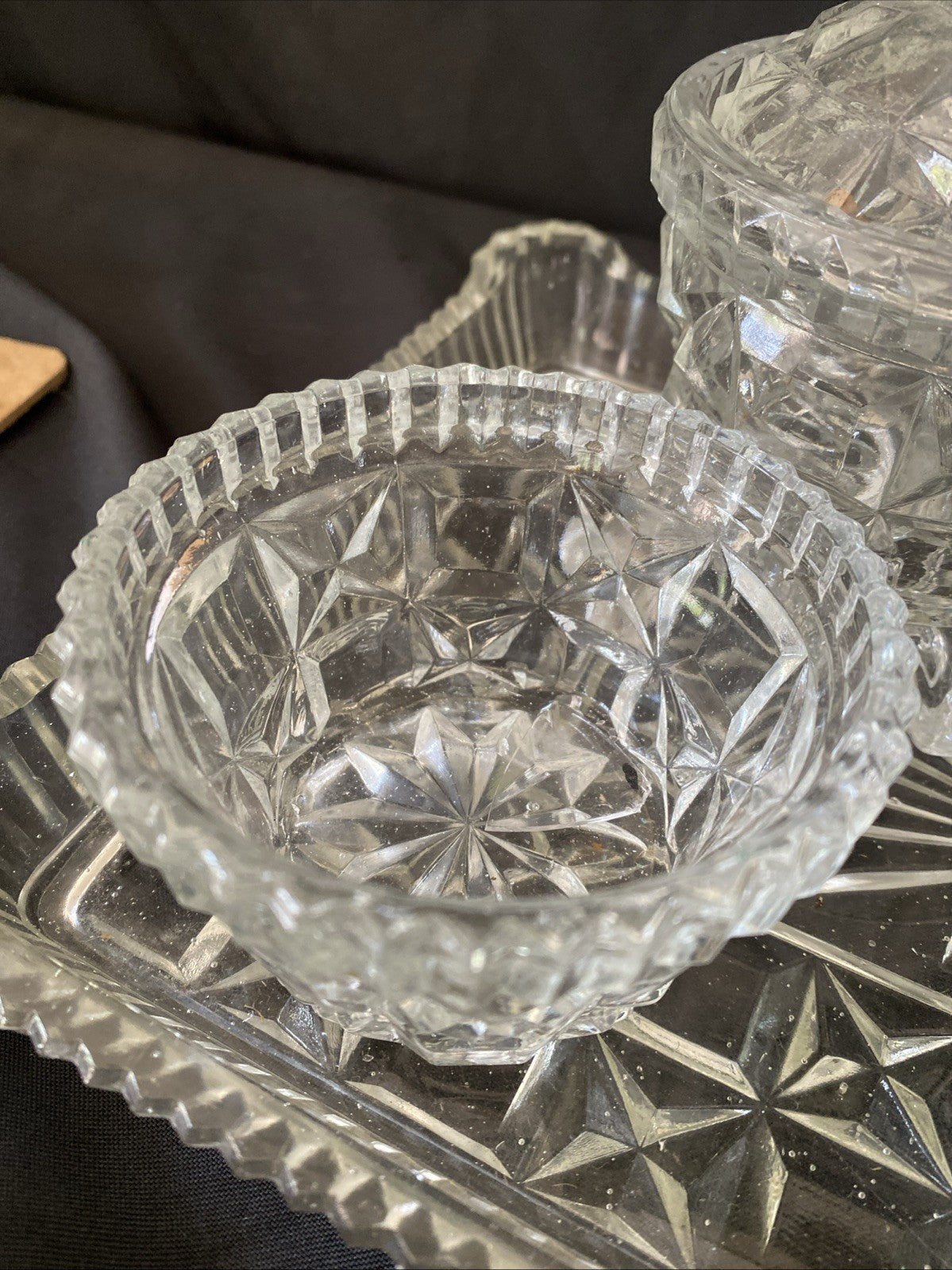 Vintage Pressed Glass Dressing Table Set Clear Tray, Ring Holder, 3 Pots (5457)