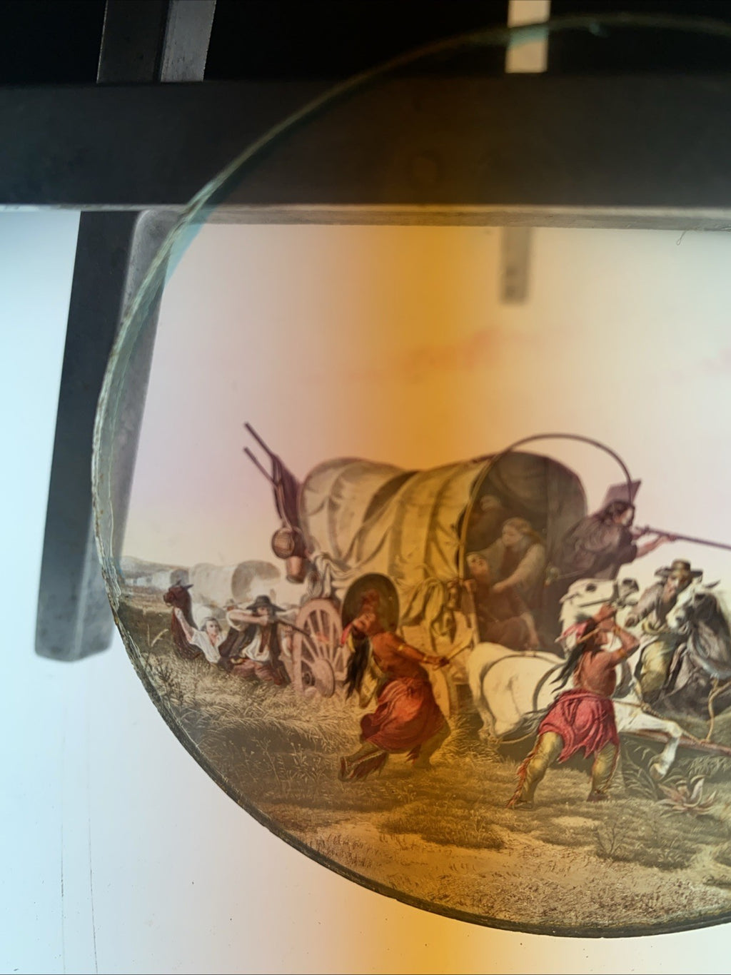 Magic Lantern Victorian Glass Round Handpainted Slide Cowboys and Indians (1092)