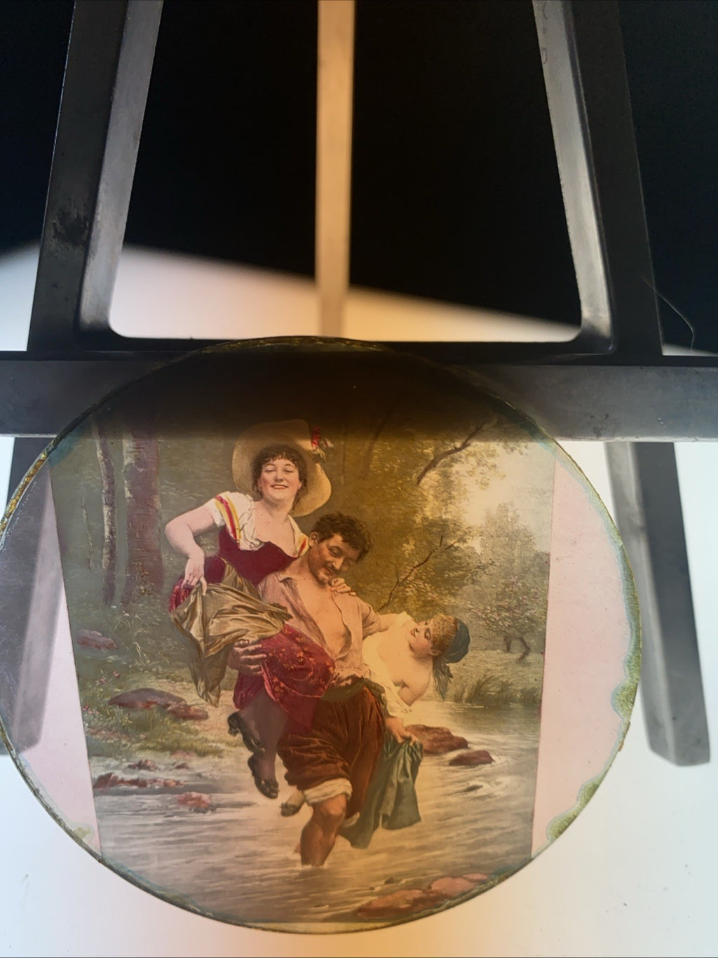 Magic Lantern Victorian Glass Round Handpainted Slide Carry over a river (1173)