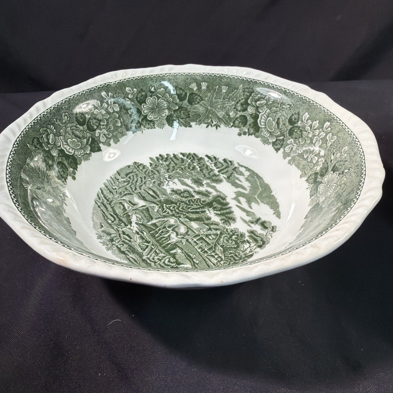 Adams Ironstone "English Scenic" Green Large Pair Serving Bowls - (2093)