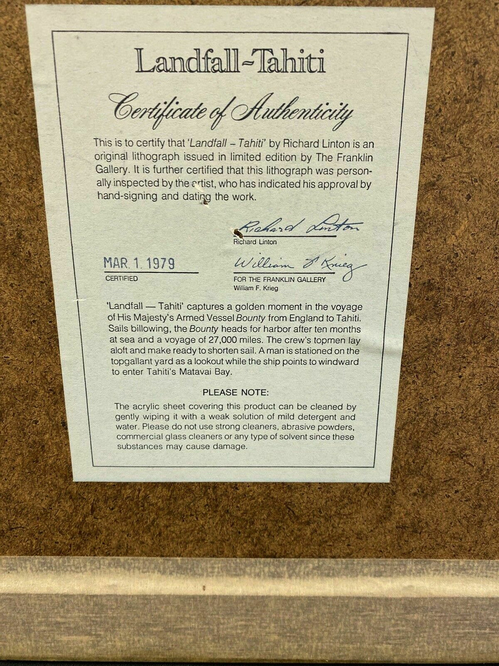 Richard Linton Australian Original Signed Framed Lithograph Ship Tahiti (7366)