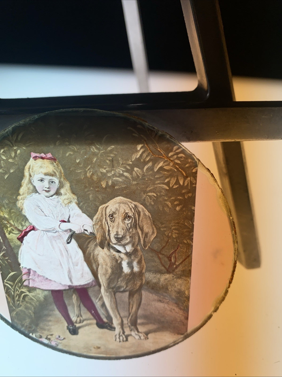 Magic Lantern Victorian Glass Round Handpainted Slide Girl and large dog (1110)