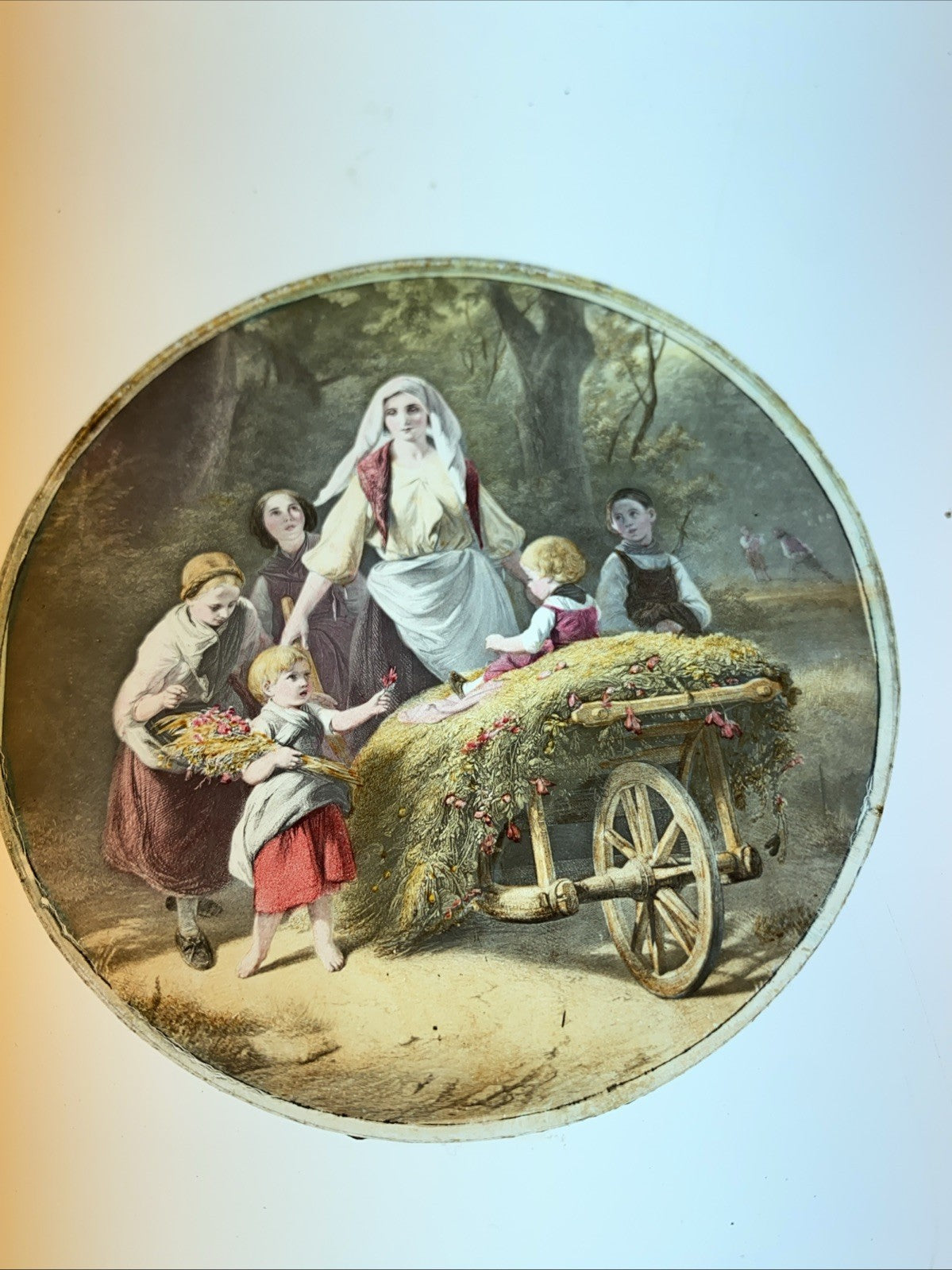 Magic Lantern Victorian Glass Round Handpainted Slide Children Gathering (1131)