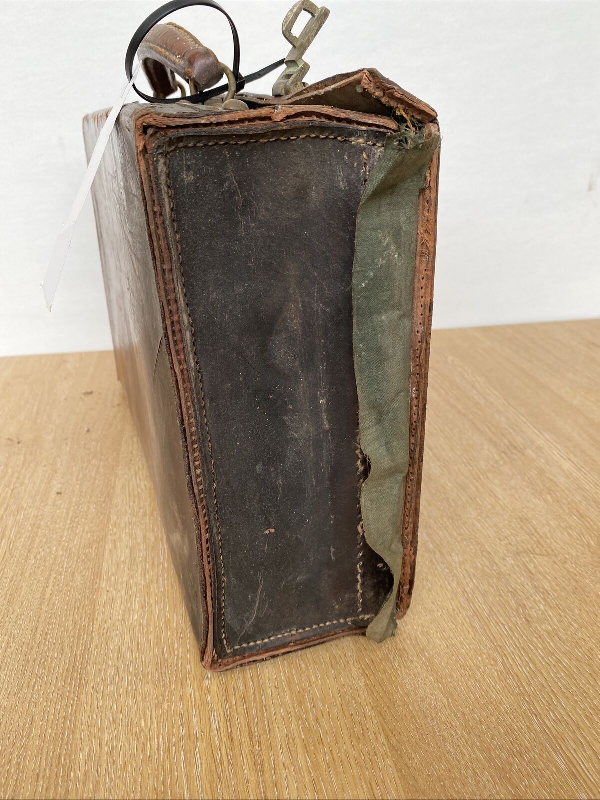 Antique Leather Briefcase- Heavy Leather needs work British made - (8299)