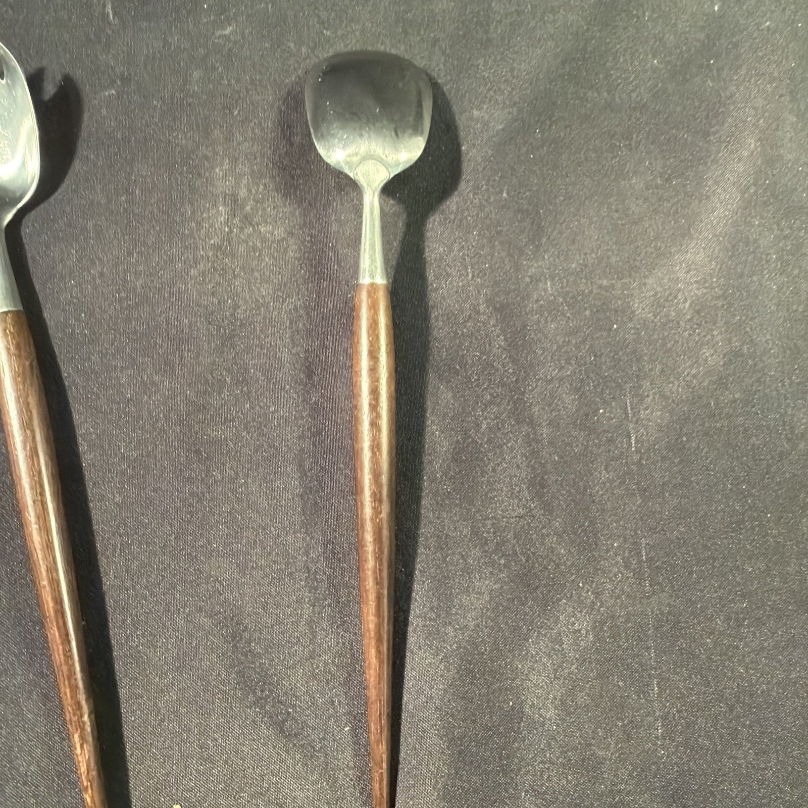 Vintage Teak Handled Pair Salad Servers Spoon and Spork - (2055)