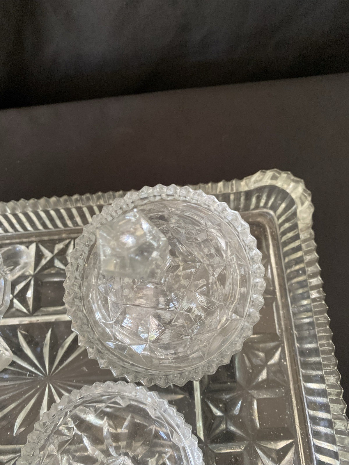 Vintage Pressed Glass Dressing Table Set Clear Tray, Ring Holder, 3 Pots (5457)