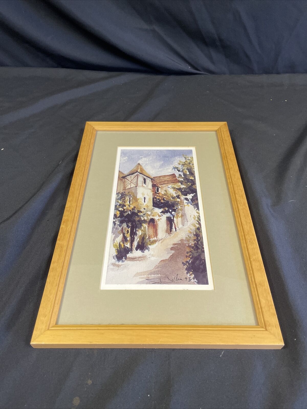 Vintage signed watercolour 1993 framed and matted European - (8150)