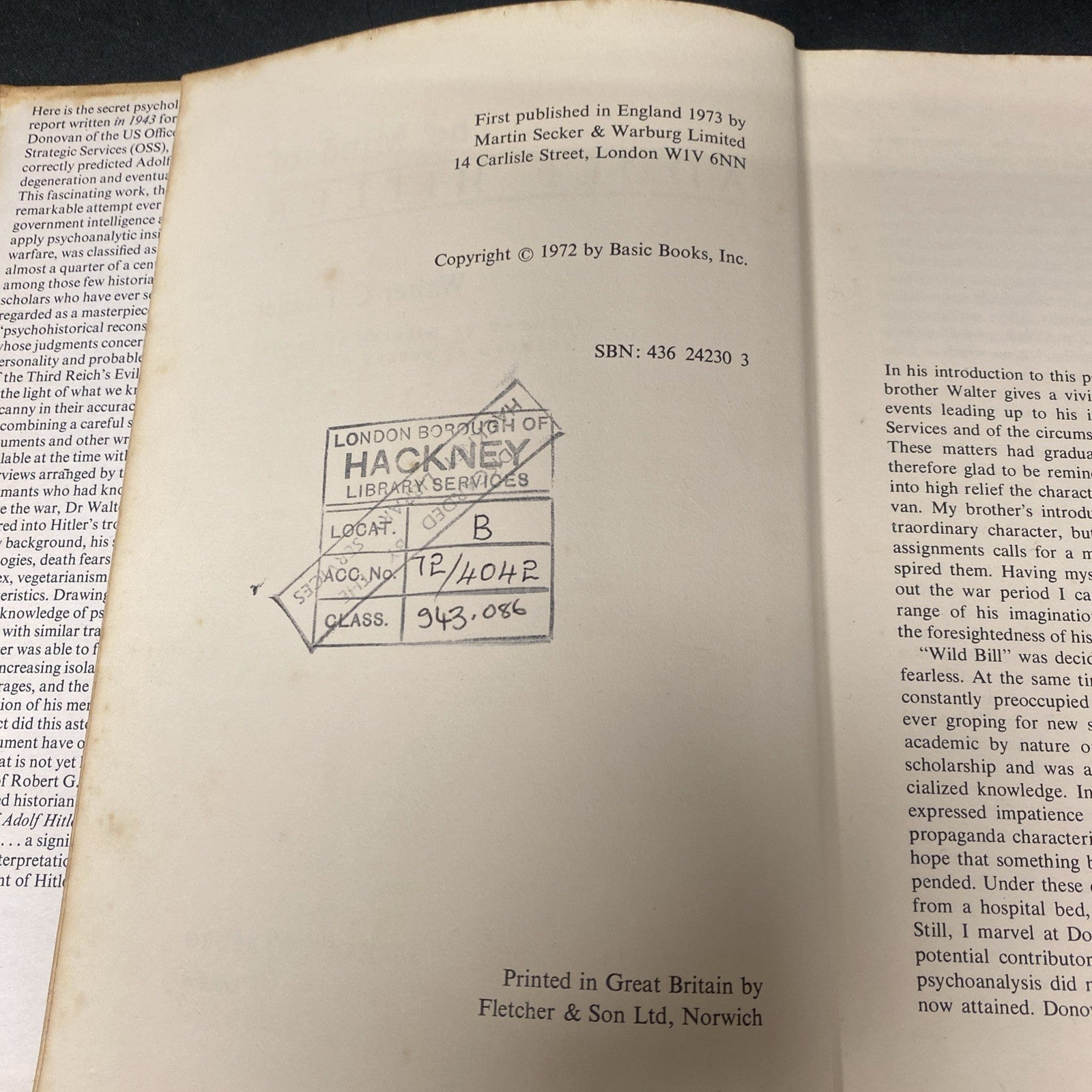 Book - The Mind of Adolf Hitler - Walter Langer - 1973 1st Ed - (1523)