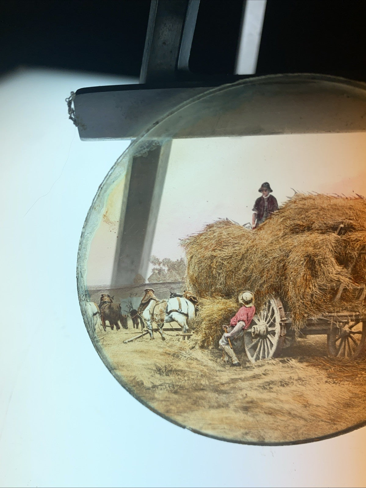 Magic Lantern Victorian Glass Round Handpainted Slide Gathering of Hay (1124)