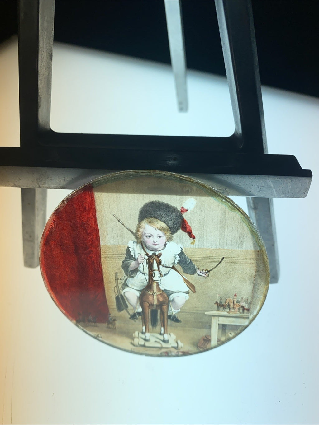 Magic Lantern Victorian Glass Round Handpainted Slide Playing soldiers (1106)