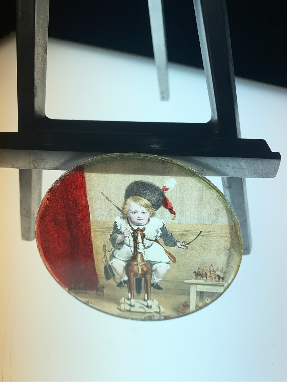Magic Lantern Victorian Glass Round Handpainted Slide Playing soldiers (1106)