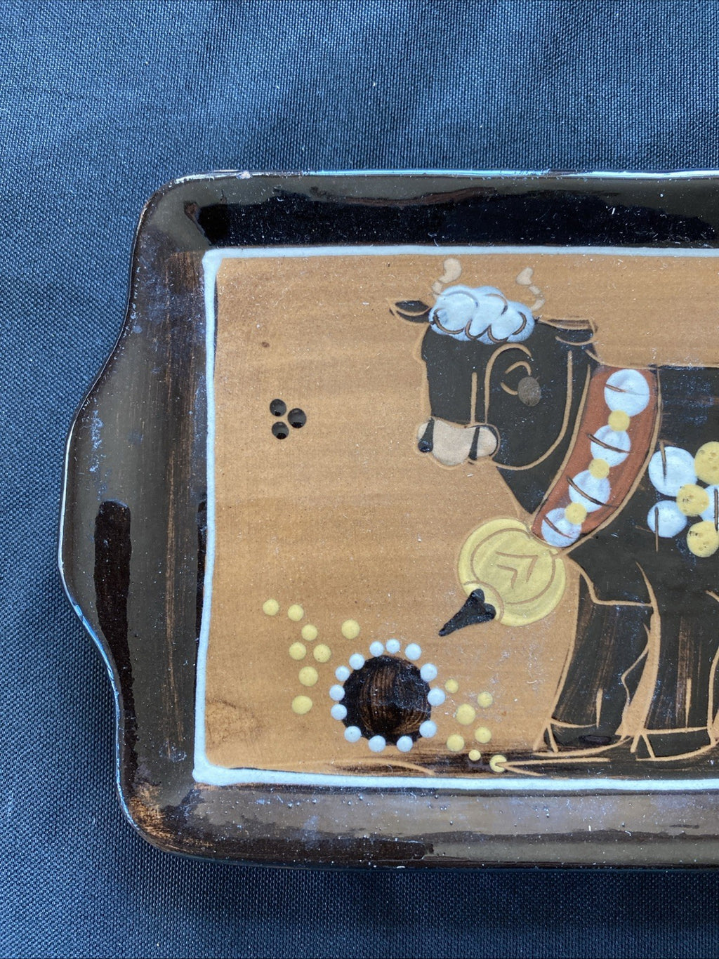 Vintage Peter Haid Pottery tray Swiss Folk Art Cow - (1033)