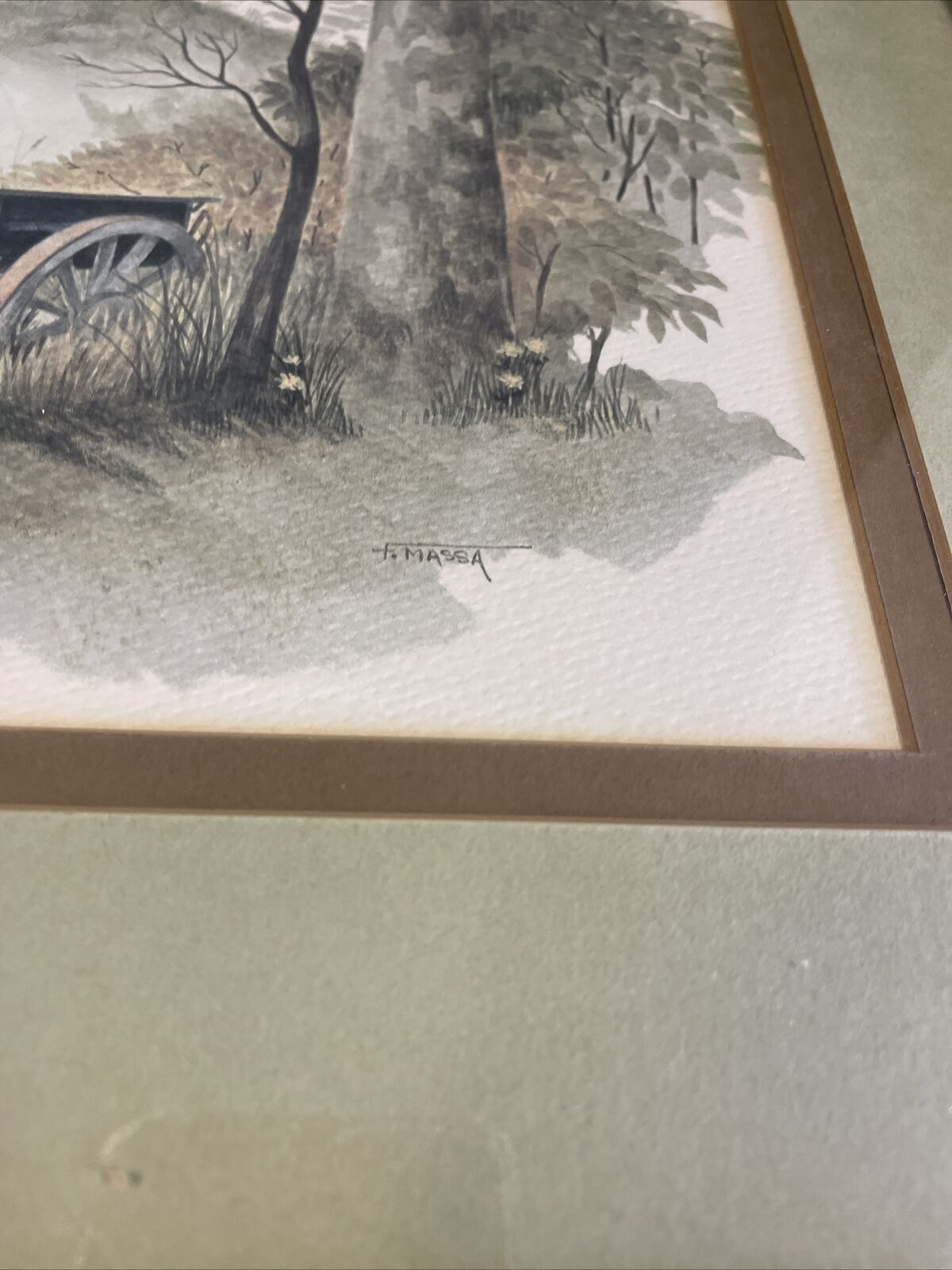 Vintage double matted watercolour print large by F Massa Hay Cart - (8142)