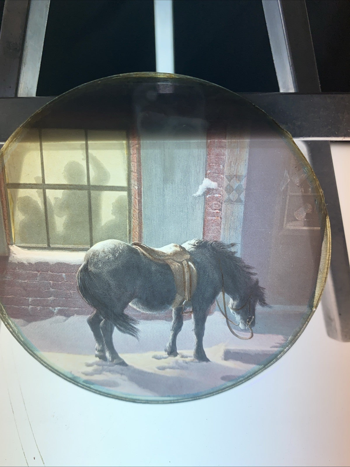Magic Lantern Victorian Glass Round Handpainted Slide Horse & Tavern (1142)