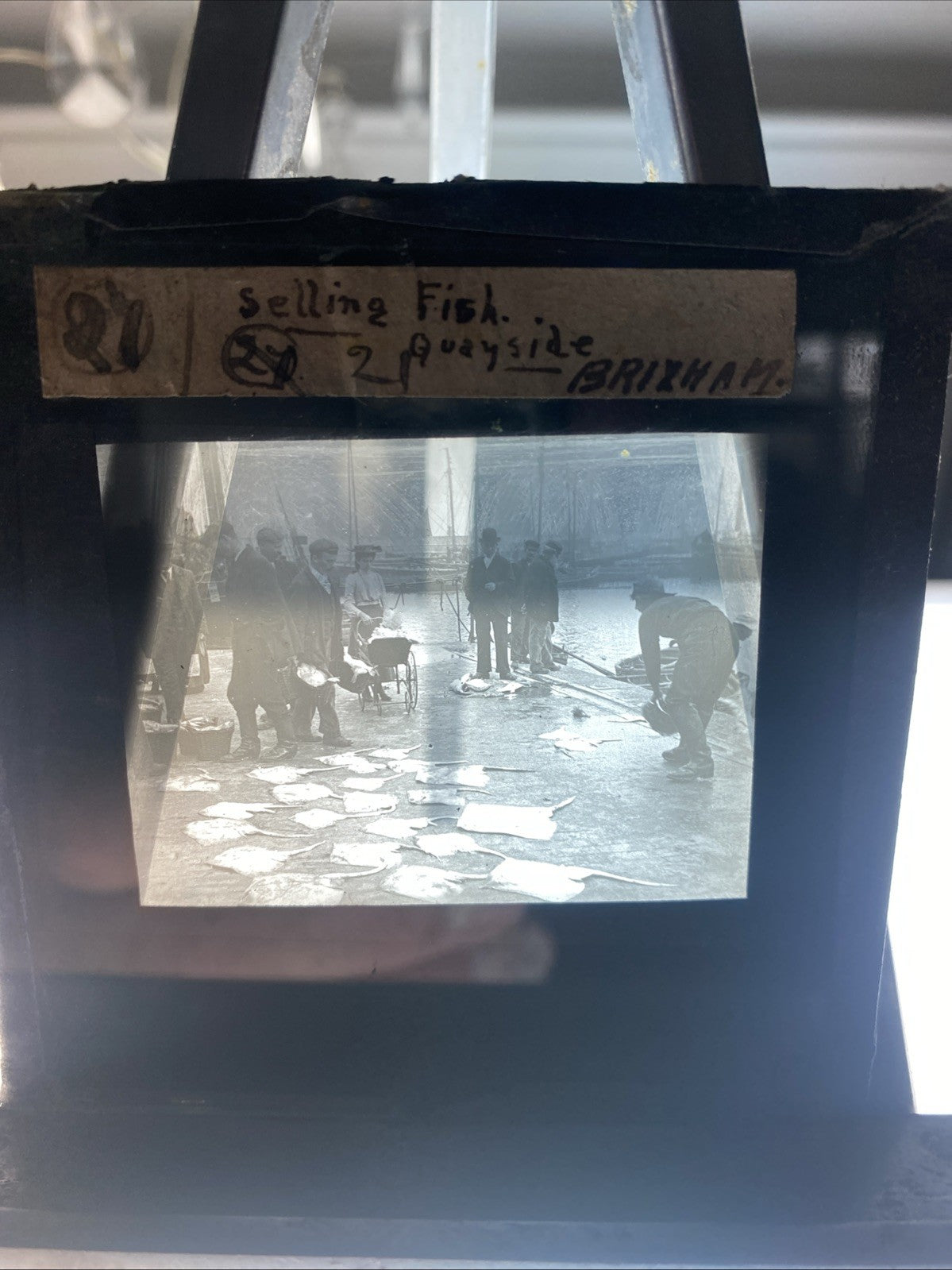 Magic Lantern Victorian Glass Square Antique Photo Brixham Fishing Devon (1076)