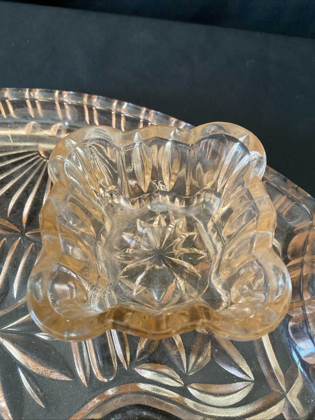 Vintage Pressed Glass Dressing Table Set Pink Tray, Pot, Trinket bowl - (5459)
