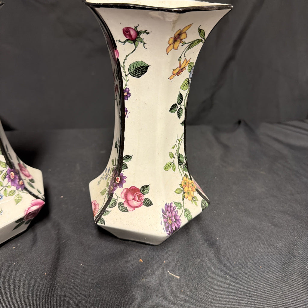 Delton Ware Burslem Rose Trellis 1904 - 1910 Pair of Vases - (1877)